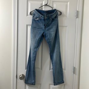 Blue mid rise straight cut jeans